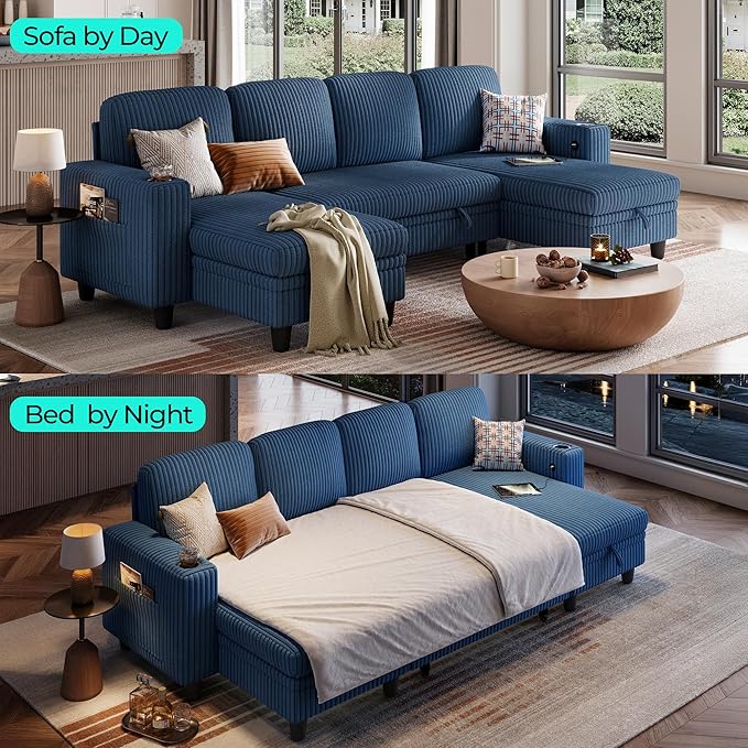 LINSY HOME Sectional Sleeper Sofa Pull Out Couches for Living Room (Blue, Sleeper Sofa 3) | Pull Out Sofa Bed, Storage, USB Charging, Cup Holders, Plush Corduroy | Pull Out Sofa Bed, Storage, USB Charging, Cup Holders, Plush Corduroy
