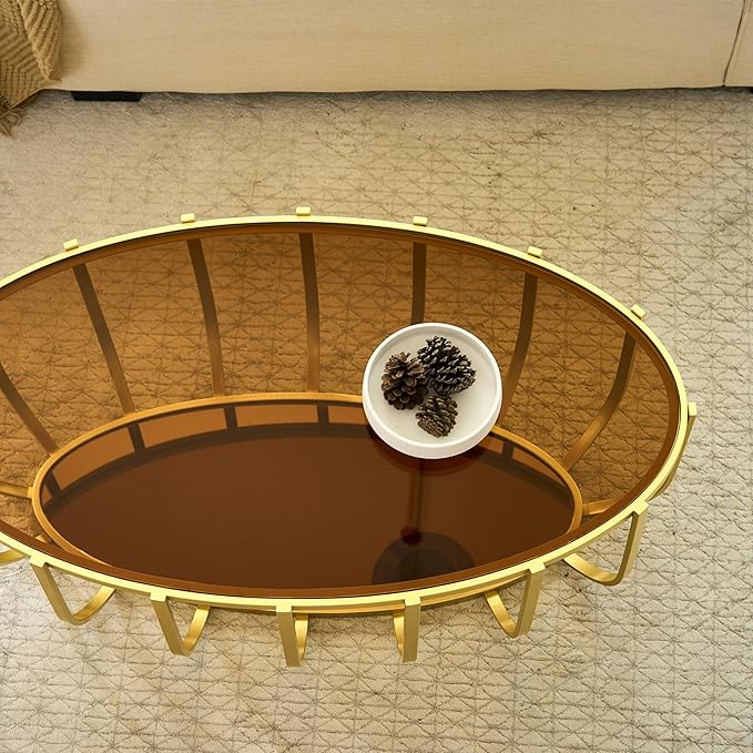 Saint Mossi Glass Oavl Coffee Table for Living Room, Modern 2-Tier Gold Center Table, Brown Glass Top and Brown Mirror Shelf with Gold Finish Legs & Frame