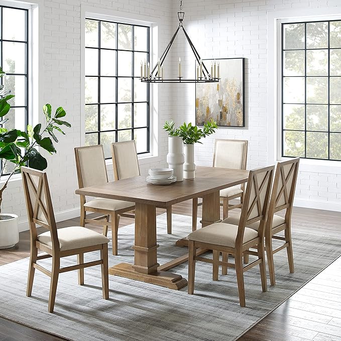 Crosley Furniture Joanna 7-Piece Modern Farmhouse Dining Table Set for 6 with Upholstered Chairs, Rustic Brown/Creme