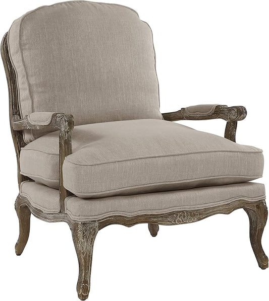 Lexicon Oak Distressed Solid Wood Accent Chair with Feather Down Seating, Natural Linen Fabric Padded Armchair for Living Room, Bedroom, Reading Room, or Sunroom, Neutral