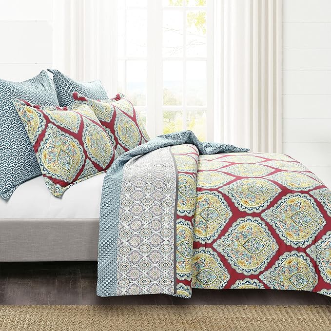 Lush Decor Harley Reversible Comforter King Size 5 Piece Set Red - Boho Bedding Set King Comforter - Red Comforters - Boho Bedroom Decor