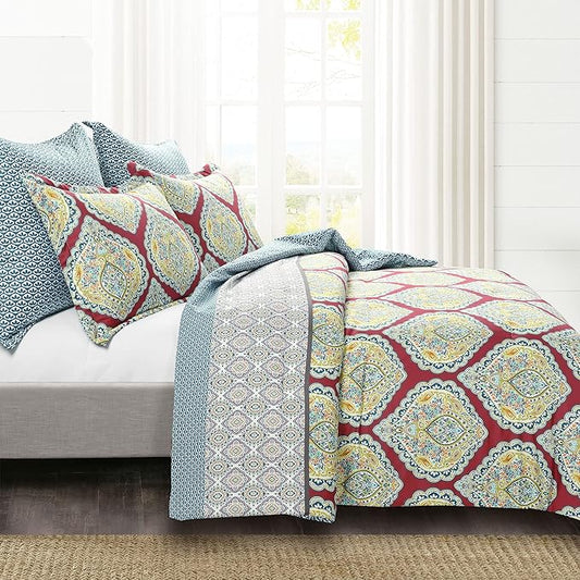 Lush Decor Harley Reversible Comforter King Size 5 Piece Set Red - Boho Bedding Set King Comforter - Red Comforters - Boho Bedroom Decor
