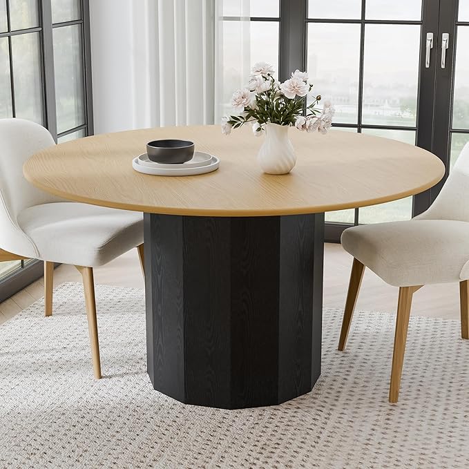 Casaphoria 52 inch Round Dining Table for 6, Natural Wood Top with Black Cylinder Pedestal Base, Two-Tone Modern Kitchen Table, Easy Assembly