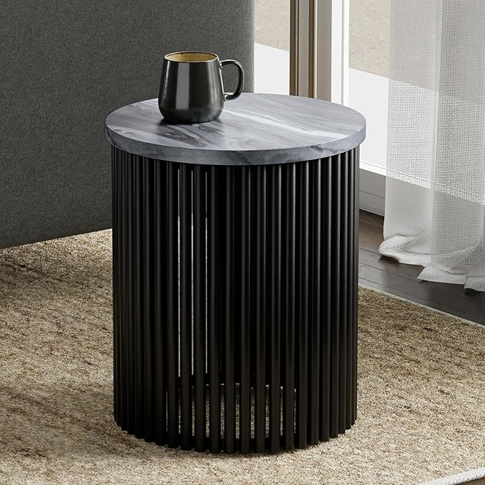 SIMPLIHOME Demy Metal Accent Table - 18 inch Wide Solid Metal Round Side Table with Genuine Marble Top and Slatted Base in Black, Contemporary End Table for Living Room with Compact Design, Assembled