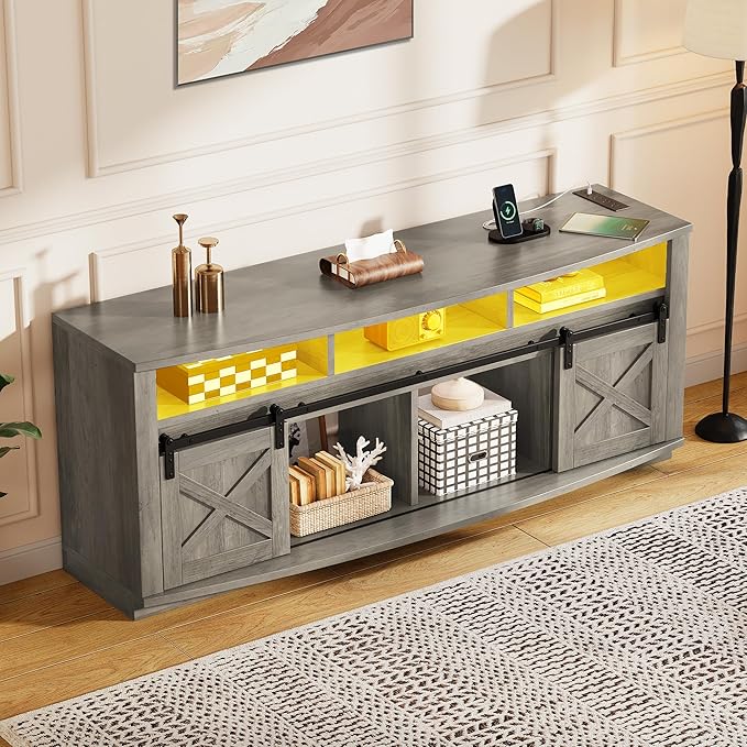 YITAHOME TV Stand for 75/80 Inch TV, Grey Entertainment Center 70 Inches Wide, Media Furniture TV Table with with Power Outlet, TV Consoles for Living Room, Curved Desktop, Sliding Barn Doors