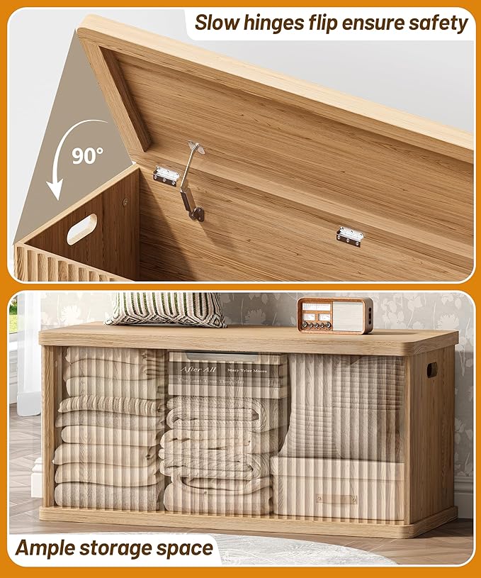 Fluted Storage Chest with 2 Safety Hinges, 37.4" Wooden Storage Trunk, Natural Entryway Bench, for Living Room, Bedroom, Curved Profile, Easy Assembly, Natural Oak