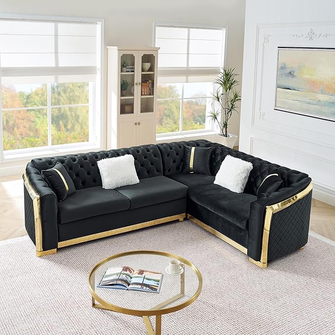 KEIKI 106" L-Shaped Luxury Velvet Chesterfield Sectional Sofa with Gold Stainless Steel Accents and 5 Pillows, Mid-Century Oversized 5-Seater Button Tufted Couch, Easy Assembly, for Living Room, Black