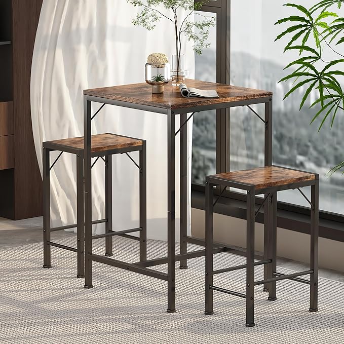 Homeiju Bar Table and Chairs Set, Square Bar Table with 2 Stools, Space-Saving Dining Pub Set for 2, Perfect for Kitchen, Breakfast Nook, Living Room & Small Spaces