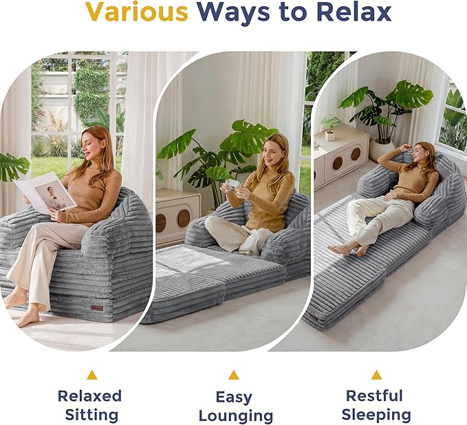 MAXYOYO Folding Sofa Bed, 2 in 1 Convertible Sofa to Lounger Comfy Faux Fur Bean Bag Chair for Adults, Floor Single Sleeper Couch Chair with Handle, Couch Bed for Living Room Bedroom, Grey
