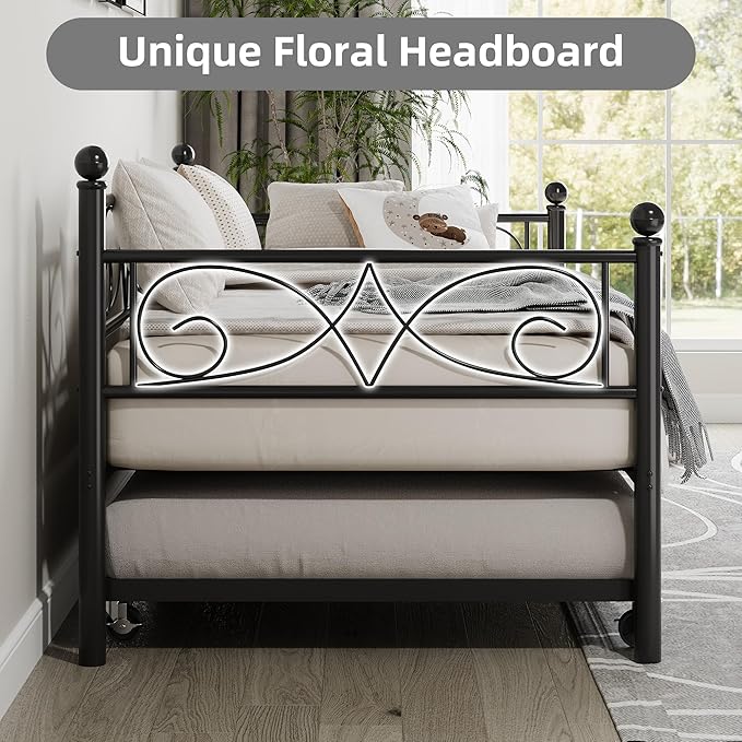 IDEALHOUSE Twin Daybed with Trundle, Metal Trundle Bed, Sofa Bed Frame, Heavy Duty Metal Slats, for Living Room, Bedroom, Guest Room, Space Saving, Black