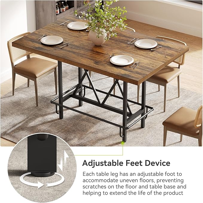 LITTLE TREE 63-Inch Industrial Bar Table with Metal Footrest, Counter Height Pub Table for Kitchen, Home Bar & Entertaining (Brown)