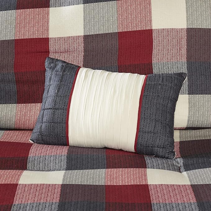 Madison Park Ridge Comforter Set - Cabin Lodge Plaid Herringbone Design, All Season Down Alternative Cozy Bedding with Matching Bedskirt, Shams, Decorative Pillow, Red Cal King(104"x92") 7 Piece