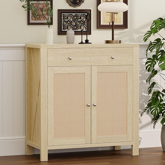 31" Sideboard Buffet Cabinet, Farmhouse Buffet Cabinet with Storage, Rattan Doors Cabinet, Multi-Functional Storage Cabinet Console Coffee Bar Cabinets for Entryway Living Room
