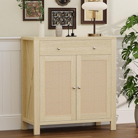 31" Sideboard Buffet Cabinet, Farmhouse Buffet Cabinet with Storage, Rattan Doors Cabinet, Multi-Functional Storage Cabinet Console Coffee Bar Cabinets for Entryway Living Room