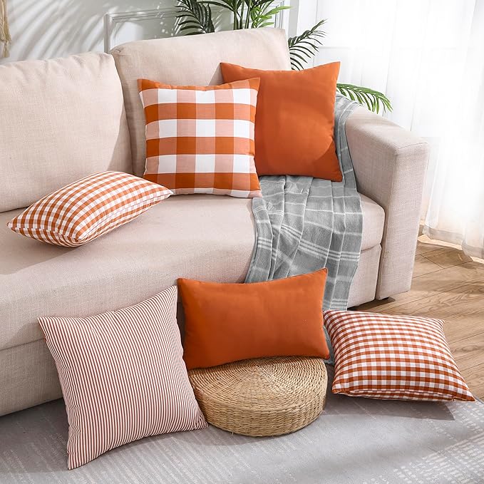 CARRIE HOME Burnt Orange Fall Striped Pillow Covers Boho Outdoor Throw Pillows 18x18 Set of 2 Fall Home Farmhouse Decor for Couch Sofa Bed