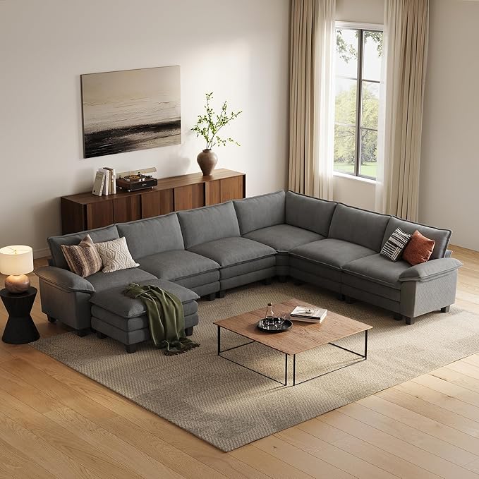 LINSY HOME Modular Sectional Sofa Couch Corduroy Cloud Couches for Living Room, U-Shaped Cloud Couch Sectional Sofas for Bedroom and Apartment, Grey