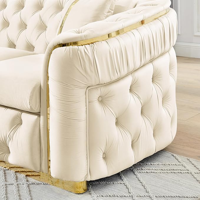 KEIKI 91" Luxury Oversized Velvet Chesterfield Sofa with Gold Stainless Steel Accents and 2 Pillows, Mid-Century Style 3-Seater Button Tufted Couch, Easy Assembly, for Apartment, Living Room, Beige