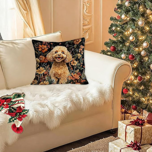 William Morris Inspired-Vintage Floral Poodle Pillow Covers 18x18,Poodle Gift for Women&Dog Lover Mom Gifts,Moody Dark Cottagecore Botanical Decorative Pillow Covers for Home Living Room Bedroom