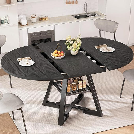 Round Dining Table Kitchen Dining Room Dinner Table for 4-6, Space Saving Extendable Oval Circle Furniture with Pedestal Base and Storage Shelf for Kitchen Living Room (Black, for 4-6)