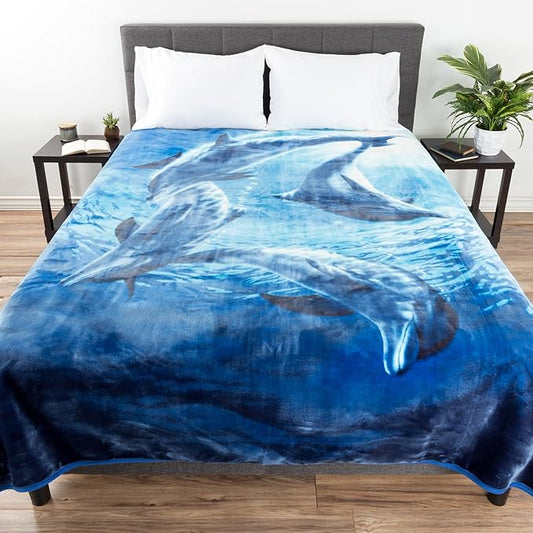 Dolphin Blanket– 80x92-inch Printed Ocean Themed Blanket - Plush Thick 8lb Mink Queen Throw Blanket for Couch, Sofa, or Bed by Bedford Home,Multicolor,King,680411TWG
