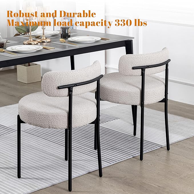 DYHOME Light Grey Boucle Dining Chairs Set of 2, Mid Century Modern Upholstered Kitchen Chairs with Curved Backrest and Black Metal Legs