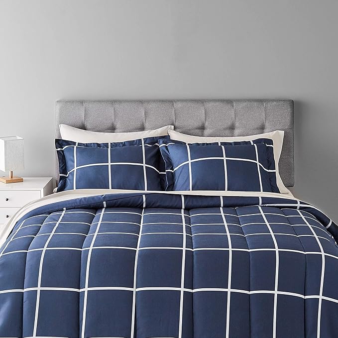 Amazon Basics Lightweight Microfiber Comforter Set with Sheets, 7-Piece, Bed-In-A-Bag, Full/Queen, Navy with Grey Plaid, Machine Washable