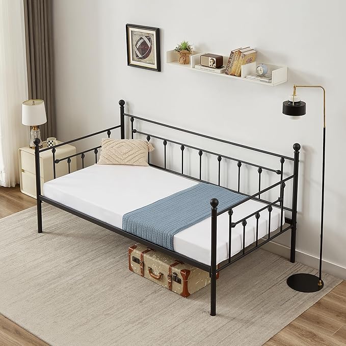 VECELO Daybed Frame, Twin Size Metal Platform Bed with Headboard,Heavy Duty Steel Slats Support for Living Room Bedroom Guest Room, Easy Assembly