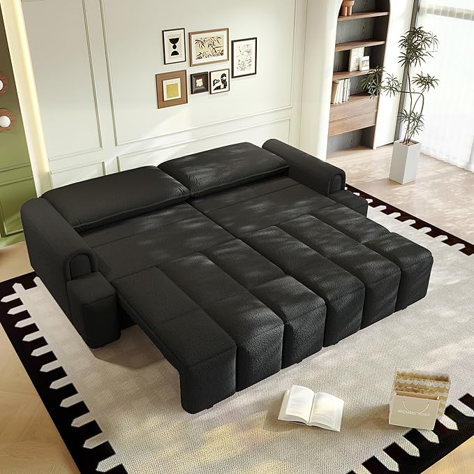 KEIKI 90.2" Modern 3-in-1 Sleeper Sofa Bed – Teddy Fabric 4-Seater Couch with Storage, King Size Convertible Sofa for Office, Guest Room, Home Workspace, Reclining Sofa Bed with Casters