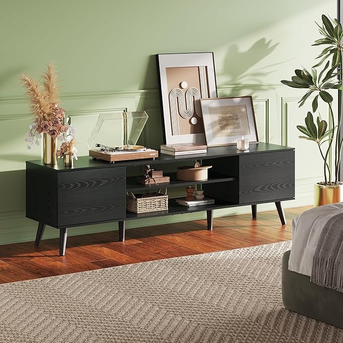 WLIVE Mid-Century Modern TV Stand for 65 70 Inch TV, Entertainment Center with Storage, Adjustable Shelves & Soft-Close, Media TV Console for Living Room/Bedroom, Black