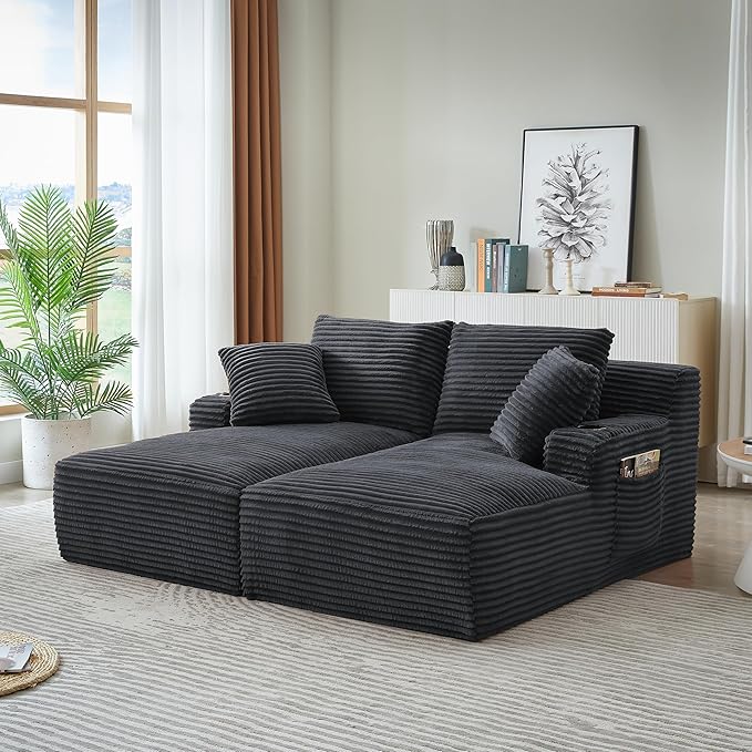 KEIKI Compressible Double Chaise Lounge with Cupholders, Fluffy Corduroy Sleeper Loveseat for Guest Room Comfort, Boneless Chaise Lounge Indoor with Spring Padding, Ready to Use, No Assembly