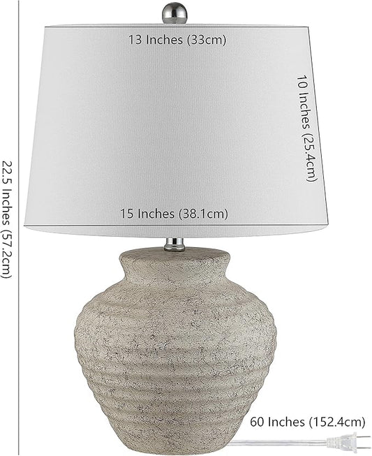 SAFAVIEH Lighting Collection – Ledger Rustic Farmhouse Light Grey Ceramic Table Lamp with White Drum Shade, 23-Inch Bedroom or Living Room Lamp, LED Bulb Included (TBL4352A)