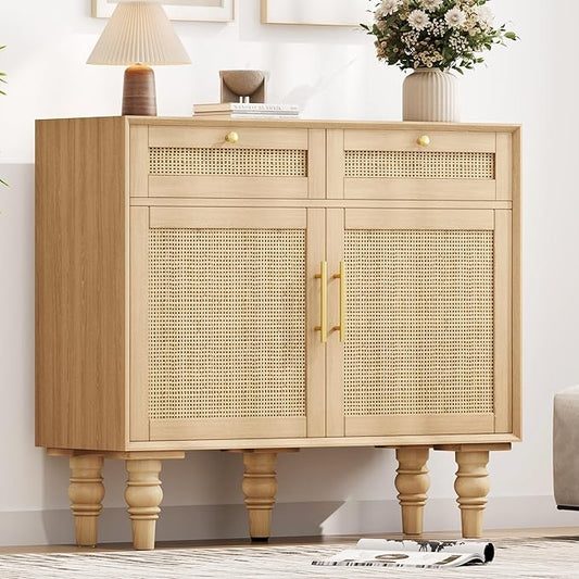 35.4" Rattan Buffet Sideboard Cabinet with Storage, Boho Buffet Table with Adjustable Shelf & 2 Drawer, Floor Storage Cabinet with Solid Wood Legs for Kitchen, Dining Room and Living Room, Natural