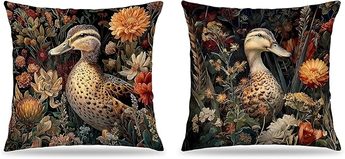 William Morris Inspired Rustic Duck Floral Pillow Covers 18x18, Farmhouse Decor, Dark Cottagecore Wildflower Farm Animal Duck Decor Throw Pillow Covers for Home Bedroom Living Room, Set of 2