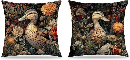 William Morris Inspired Rustic Duck Floral Pillow Covers 18x18, Farmhouse Decor, Dark Cottagecore Wildflower Farm Animal Duck Decor Throw Pillow Covers for Home Bedroom Living Room, Set of 2