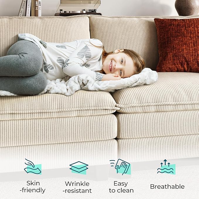LINSY HOME 90'' Cloud Loveseat Sofa, Modular Sectional Couches Corduroy Cloud Couch Soft Modern Comfy Love Seat Sofa Set for Living Room Apartment Office, Beige