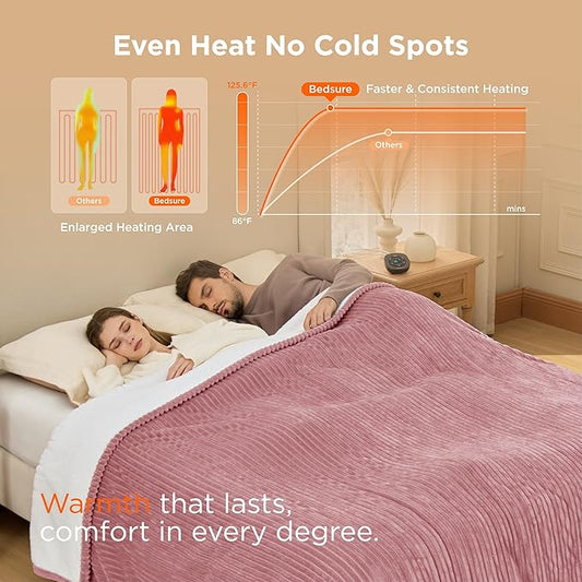 Bedsure GentleSoft Electric Blanket King Size - Soft Ribbed Flannel Heated Blanket with Dual Control, Heating with 10 Heat Settings, 10 Time Settings, 8 hrs Timer Auto Shut Off (90"x100", Pink)