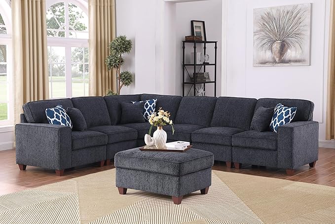 YOPTO 116" Convertible Sectional Couch with Movable Ottoman and 6 Throw Pillows,Chenille Upholstered Comfy Sofa 7 Seater,L-Shaped,Free Combination,Easy Assembly for Living Room,Apartment,Dark Gray