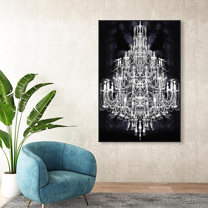 The Oliver Gal Artist Co. Fashion and Glam Framed Wall Art Canvas Prints 'Montecarlo Crystal' Chandeliers Home Décor, 36" x 54", White, Black