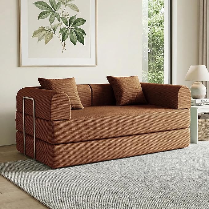 59'' Convertible Compressed Corduroy Folding Cloud Sofa Bed, Modern Boneless Pull Out Loveseat Sleeper in a Box, 4 in 1 Floor Mattress Futon Cloud Couch, No Assembly Needed, Caramel, Queen, 2 Pillows