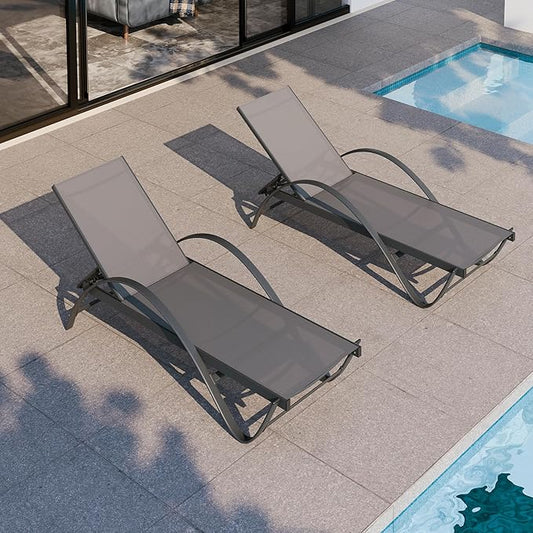 Shintenchi Patio Chaise Lounge Set of 2, Pool Chaise Lounge with Arm,Outdoor Lounge Chair with 5 Adjustable Backrest,Sunbathing Recliner,Beach Chair,Pool Chairs,Dark Grey
