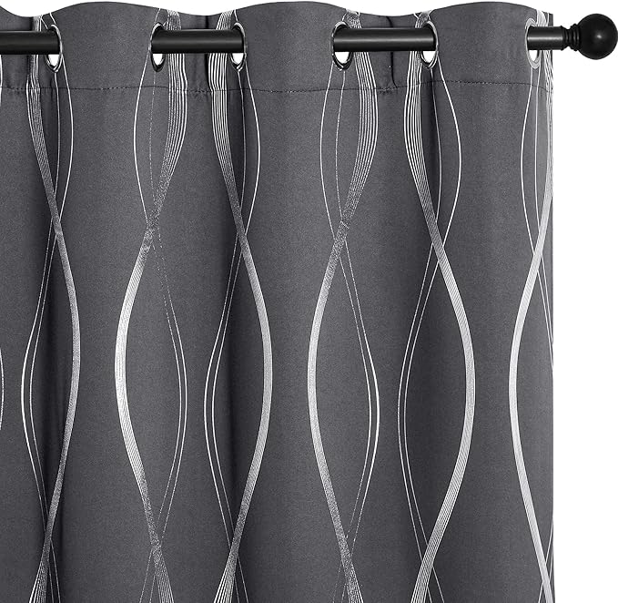 NICETOWN Blackout Curtains 40 inch Long for Kitchen and Cafe, 42 by 40 Inch, Grey Small Window Treatment Thermal Insulated Solid Grommet Wave Line Foil Print Design Drapes for RV and Basement