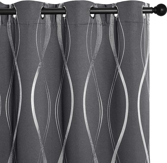 NICETOWN Blackout Curtains 40 inch Long for Kitchen and Cafe, 42 by 40 Inch, Grey Small Window Treatment Thermal Insulated Solid Grommet Wave Line Foil Print Design Drapes for RV and Basement
