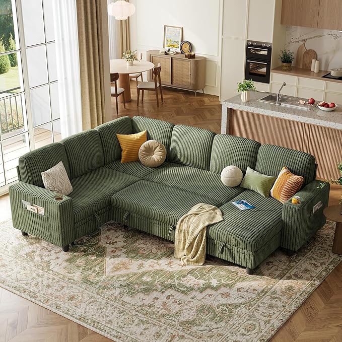 LINSY HOME Sectional Sofa with Pull Out Bed, 6 Seats Corduroy Reversible Sleeper Sofa with Storage Seats & Chaises, USB Ports, Cup Holders, Side Pocket, Sectional Couches for Living Room, Green | Plush corduroy, Pull out sofa bed, Foam, Sturdy frame