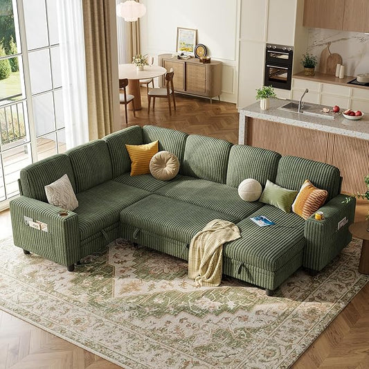 LINSY HOME Sectional Sofa with Pull Out Bed, 6 Seats Corduroy Reversible Sleeper Sofa with Storage Seats & Chaises, USB Ports, Cup Holders, Side Pocket, Sectional Couches for Living Room, Green | Plush corduroy, Pull out sofa bed, Foam, Sturdy frame