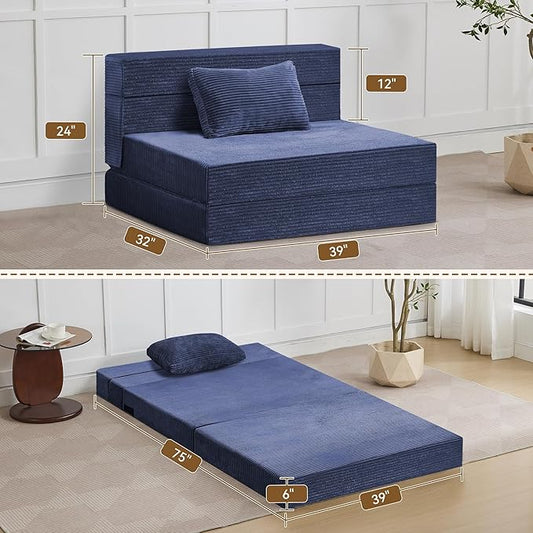 WUTUTUEE Folding Sofa Bed Convertible Floor Couch Foldable Chair Bed with Pillow，Linen Sleeper Chair Futon,Foldable Memory Foam Mattress for Bedroom/Living Room/Dorm/Office (Corduroy Navy, Standard)