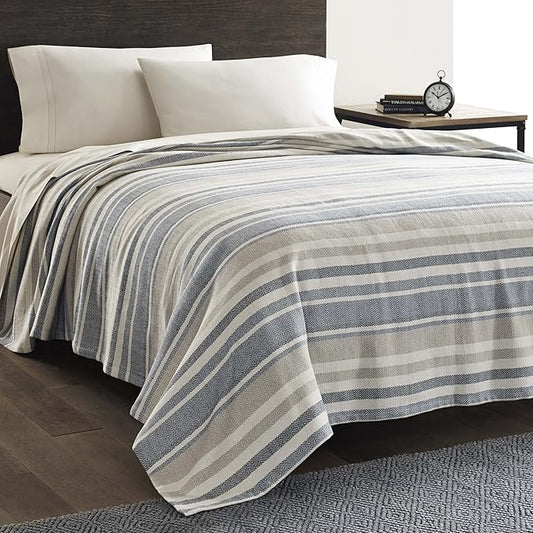 Eddie Bauer - Queen Size Blanket, 100% Soft Cotton Bed Blanket for Year Round Comfort, Throw Blanket for Couch or Bed (Herringbone Blue Stripe)