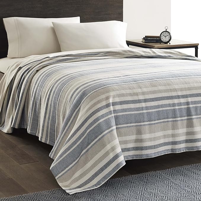 Eddie Bauer - Twin Size Blanket, 100% Soft Cotton Bed Blanket for Year Round Comfort, Throw Blanket for Couch or Bed (Herringbone Blue Stripe)