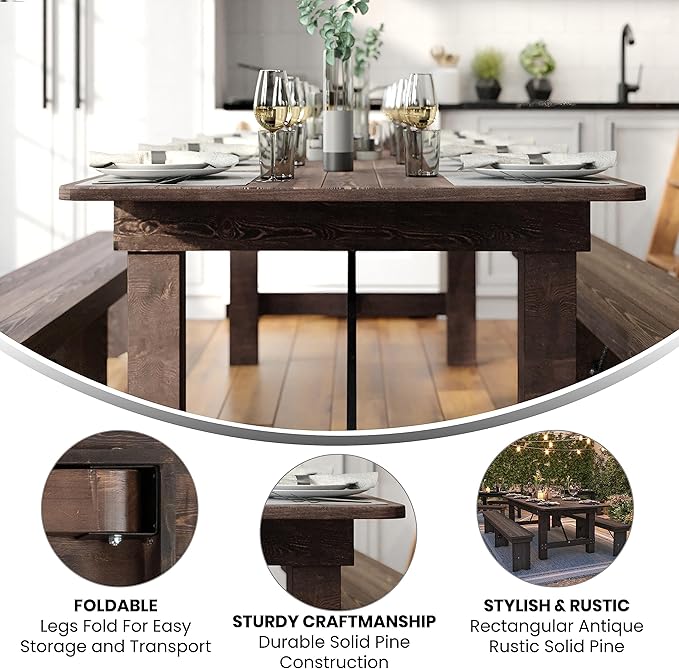 Flash Furniture Hercules Commercial Grade Farmhouse Dining Table | Solid Pine Foldable Table for 10 in Antique Rustic Mahogany | Rustic Charm for Home and Events