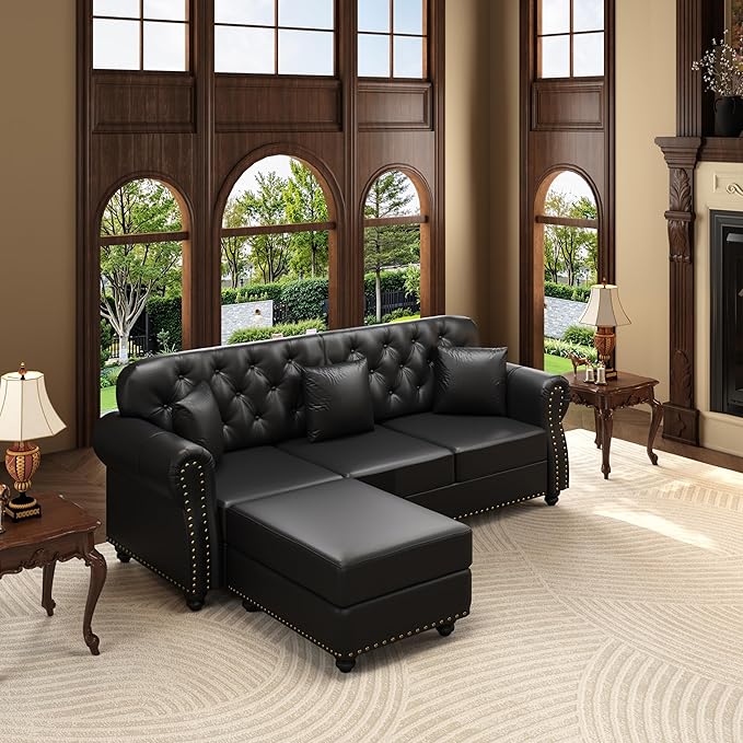 KEIKI 83" Faux Leather Chesterfield Sofa with Rolled Arms & Nailhead Trim & 2 Ottoman, 3-Seater Button Tufted Couch with High Resilience Cushion & 3 Pillow, Easy Assembly, for Living Room, Black