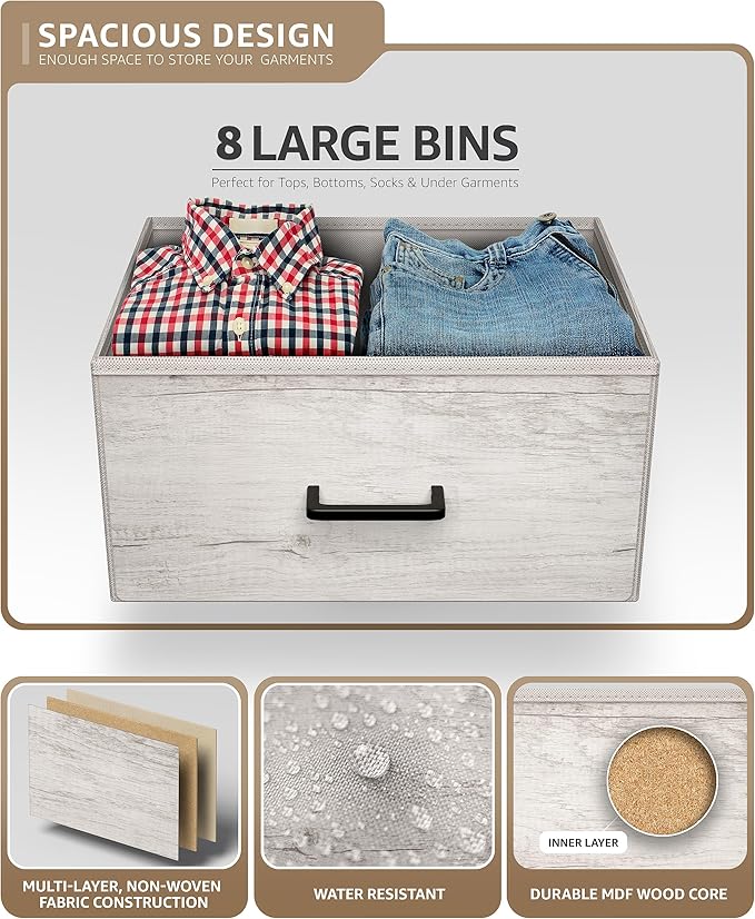 Sorbus Dresser with 8 Faux Wood Drawers - Chest Organizer Unit with Steel Frame Wood Top & Handle Easy Pull Fabric Bins for Clothes - Storage Furniture for Bedroom, Hallway, Living Room & Closet